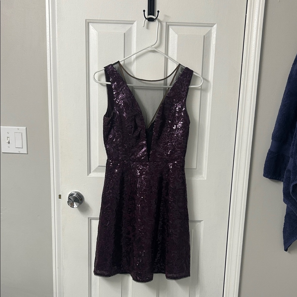 Purple Sequin Mesh V-Neck Dress
